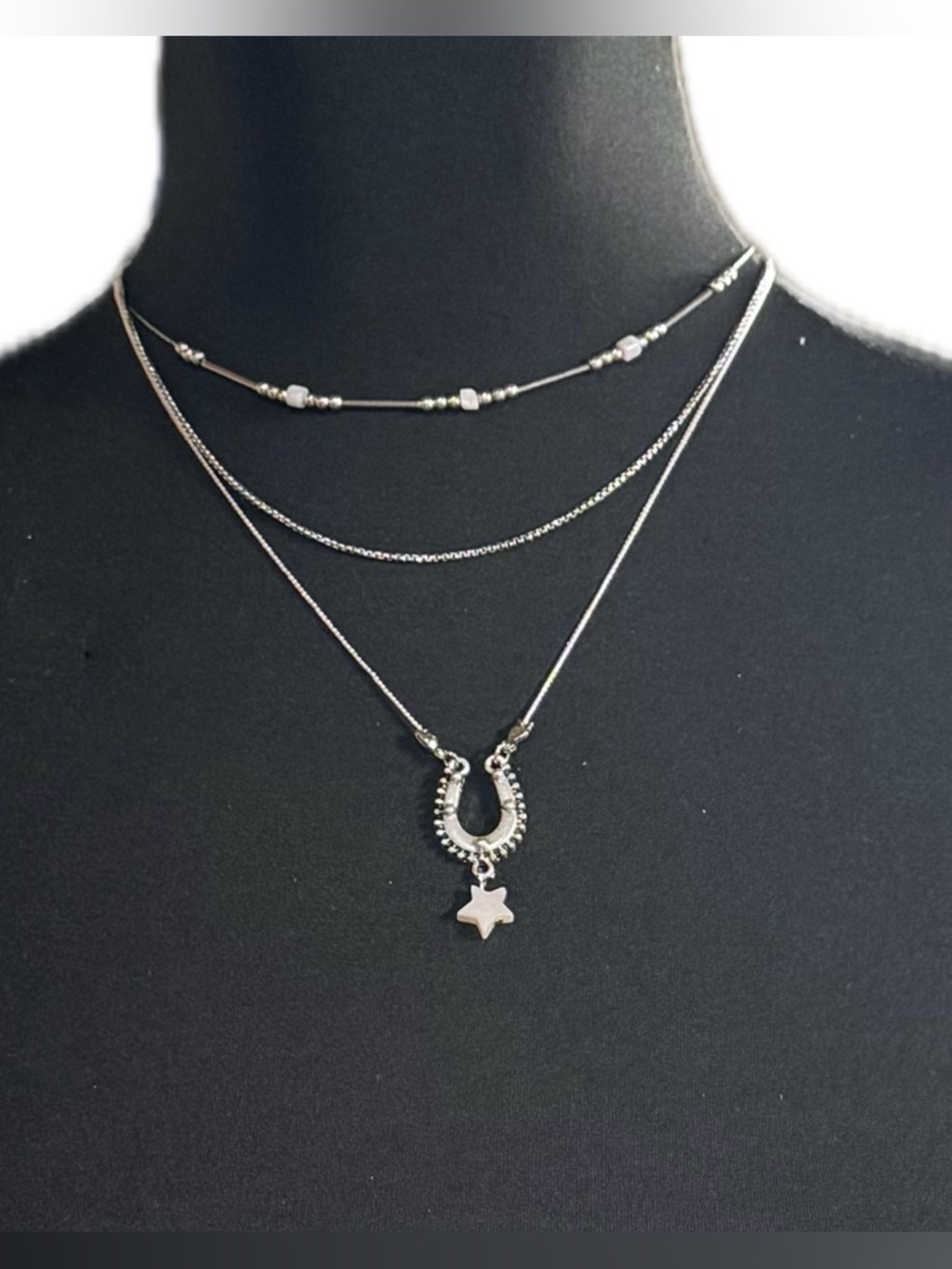 Layered Silver Horseshoe & Star Necklace - Silver - Picture 3 of 5